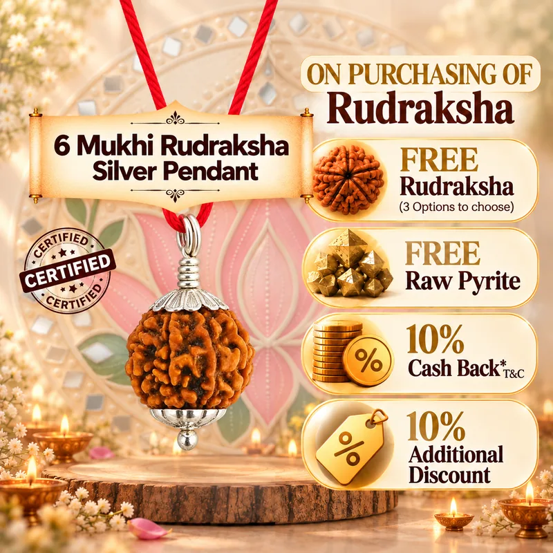 Natural 6 Mukhi Rudraksha in Pure Silver Pendant - Nepal Origin (Bead Size : 16-19 MM)