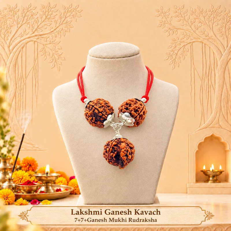 Natural Certified Lakshmi Ganesh Kavach-7+7+Ganesh (Beads Size: 16-19 MM) Mukhi Rudraksha Combination