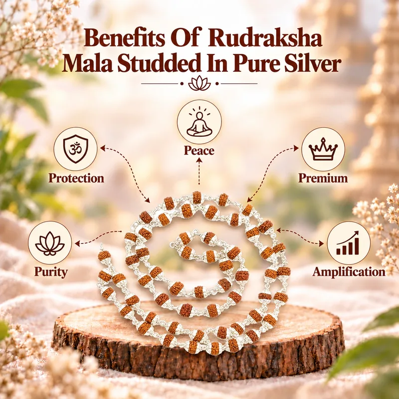 Natural Rudraksha Mala Studded In Pure Silver (Beads Size: 6-7 MM)