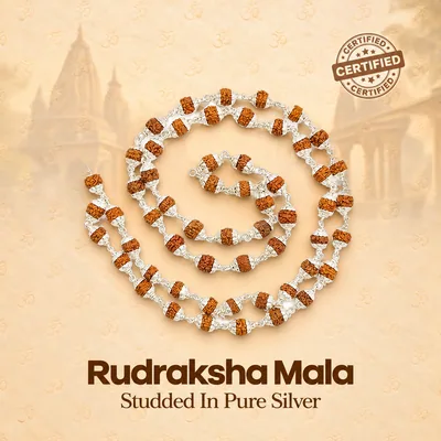 Natural Rudraksha Mala Studded In Pure Silver (Beads Size: 6-7 MM)
