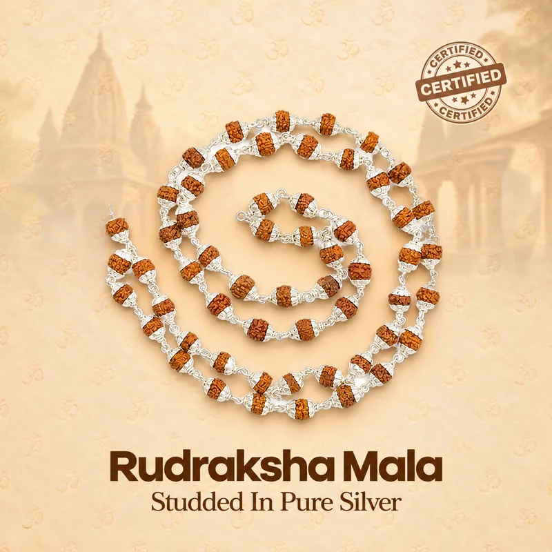 Natural Rudraksha Mala Studded In Pure Silver (Beads Size: 6-7 MM)