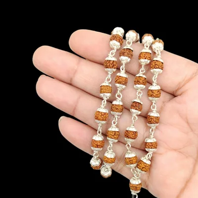 Natural Rudraksha Mala Studded In Pure Silver (Beads Size: 6-7 MM)