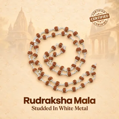 Natural Rudraksha Mala Studded In White Metal (Beads Size: 6-7 MM)