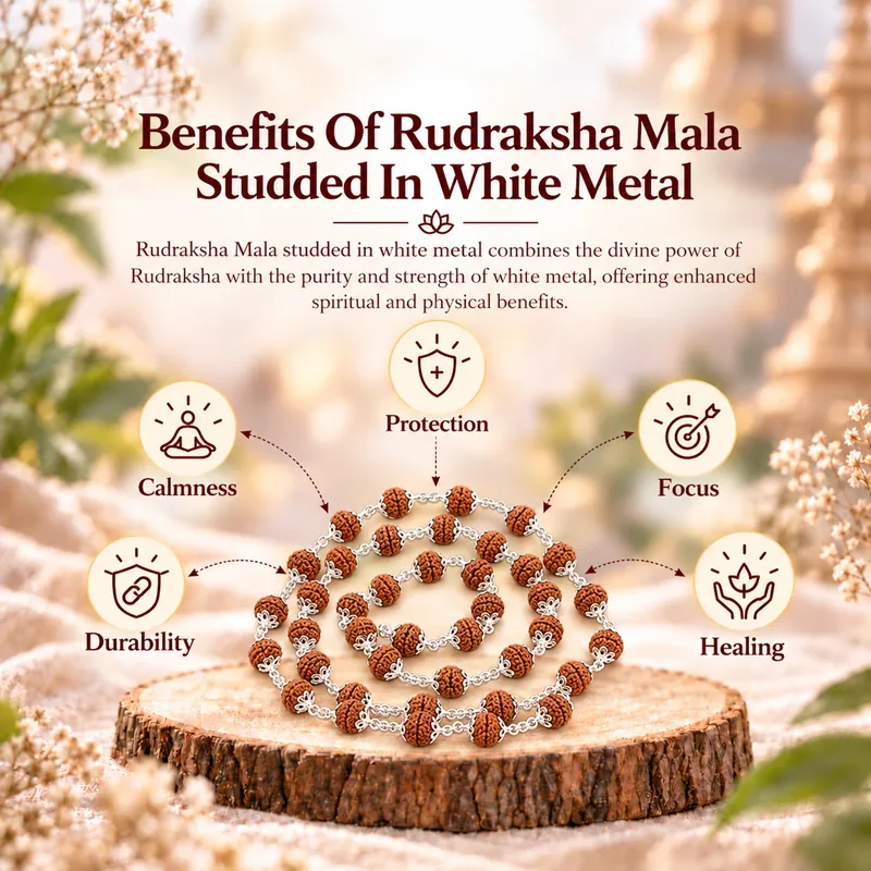 Natural Rudraksha Mala Studded In White Metal (Beads Size: 6-7 MM)
