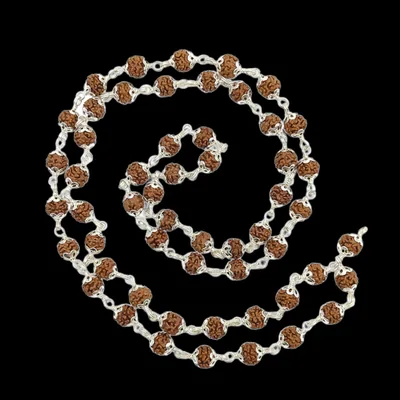 Natural Rudraksha Mala Studded In White Metal (Beads Size: 6-7 MM)