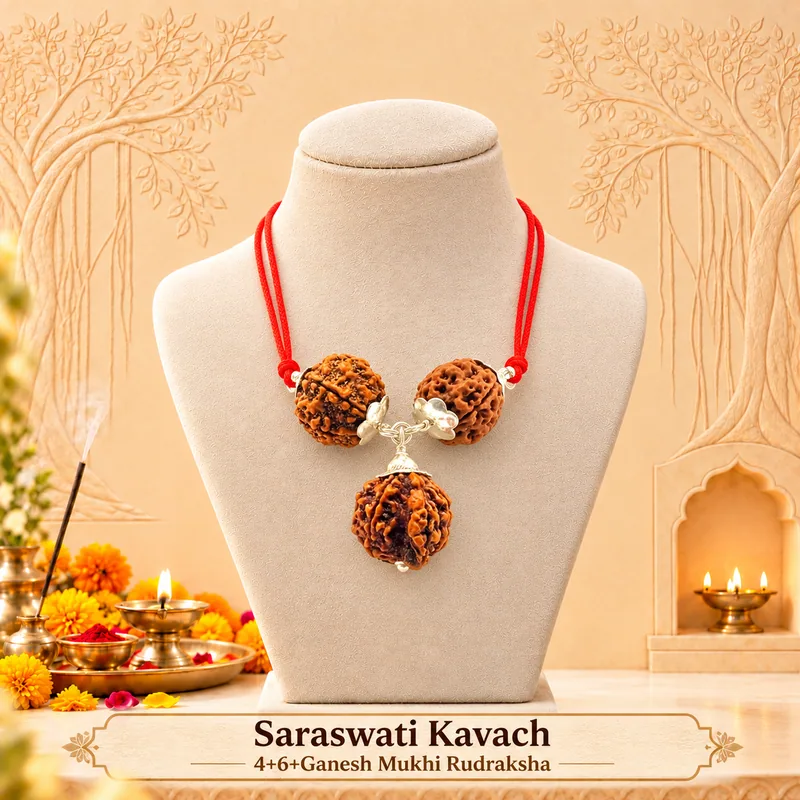 Natural Saraswati Kavach-4+6+Ganesh Mukhi Rudraksha Combination (Beads Size: 16-19 MM)