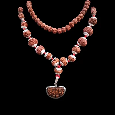 Natural Siddha Mala-1to14 Rudraksha+Gauri Shankar+Ganesh Rudraksha with Silver Capping