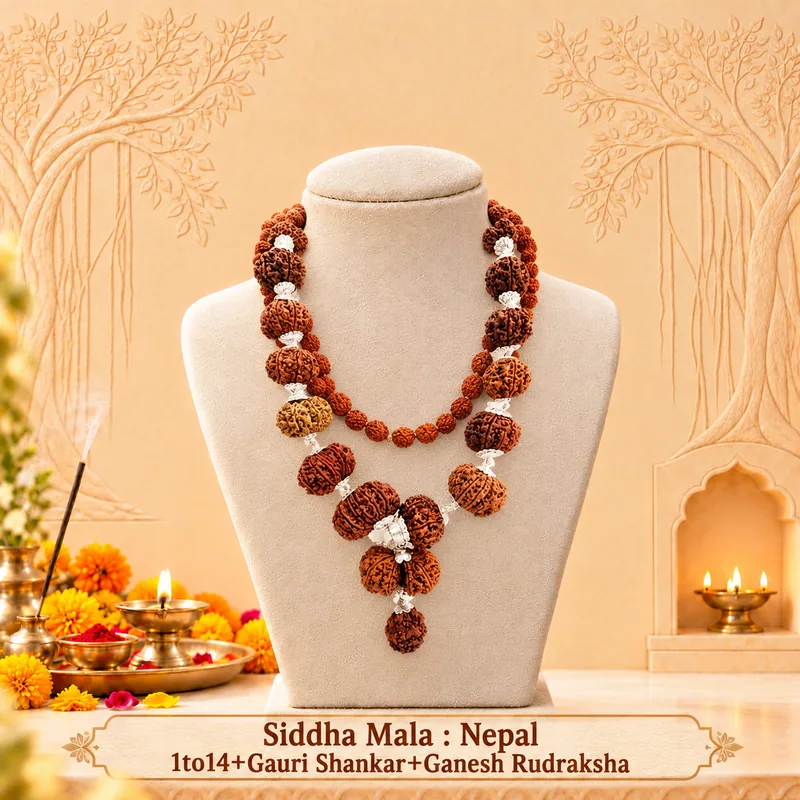 Natural Sidhha Mala-Nepal-1to14+Gauri Shankar+Ganesh Rudraksha Combination